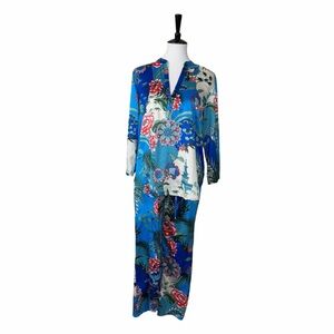 Natori Satin Pajama Set Women’s Small Blue Floral Print Long Sleeve Top Pants